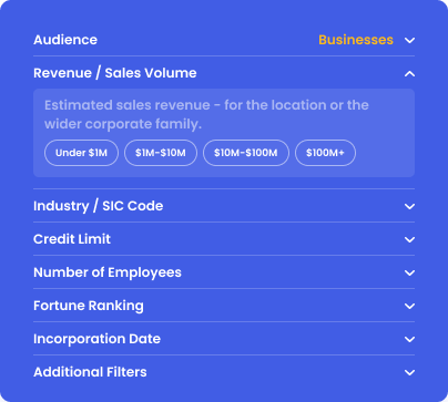 Audience filters for revenue, industry, credit limit, number of employees and more