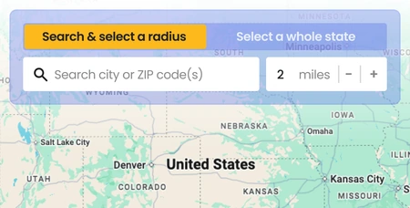 Search and select a radius around a city or ZIP code, shown on a map